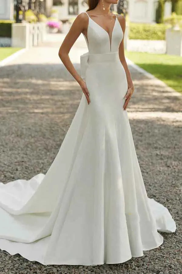 Mermaid V-Neck Satin Floor-Length Wedding Dress - Yihuiw by Yihuiw