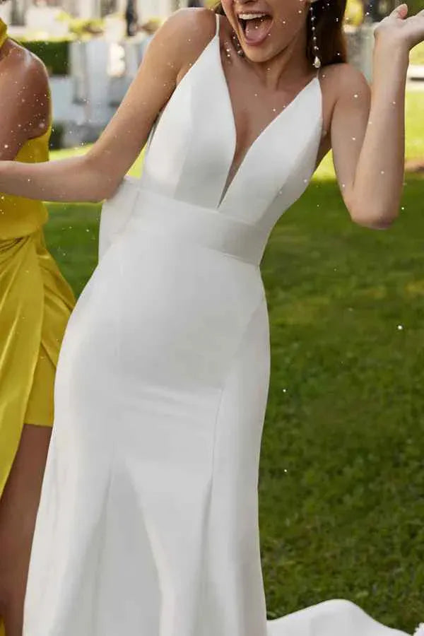 Mermaid V-Neck Satin Floor-Length Wedding Dress - Yihuiw by Yihuiw