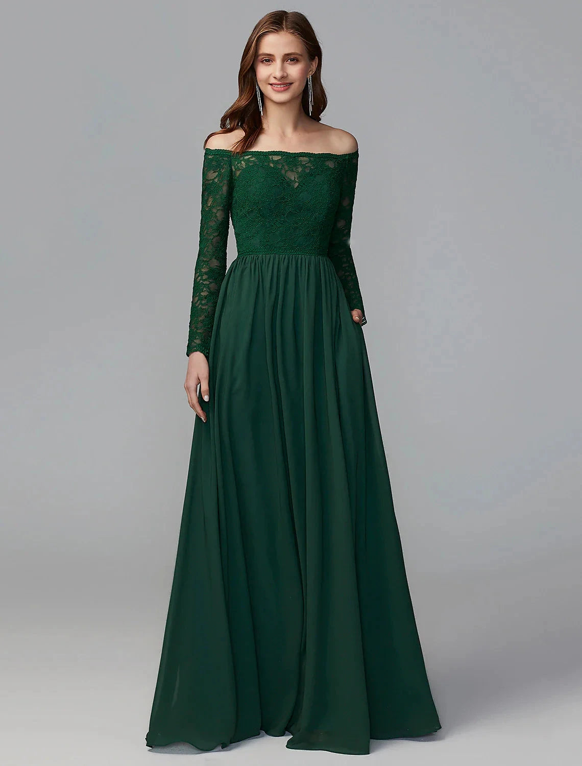 A-Line Bridesmaid Dress Off Shoulder Long Sleeve Elegant Floor Length Chiffon / Lace with Lace by YiHuiw