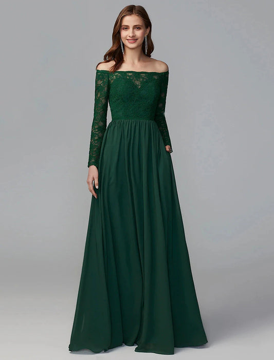 A-Line Bridesmaid Dress Off Shoulder Long Sleeve Elegant Floor Length Chiffon / Lace with Lace by YiHuiw