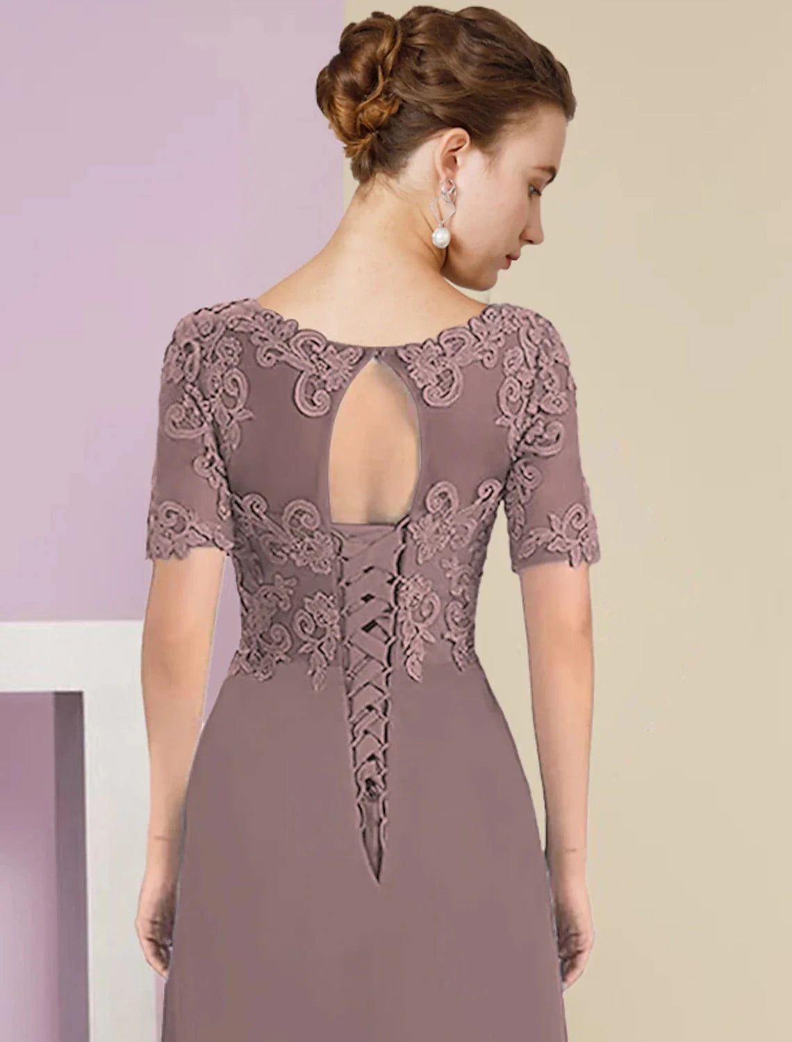 A-Line Mother of the Bride Dress Formal Wedding Guest Elegant High Low V Neck Asymmetrical Tea Length Chiffon Lace Short Sleeve Wrap Included with Appliques by YiHuiw