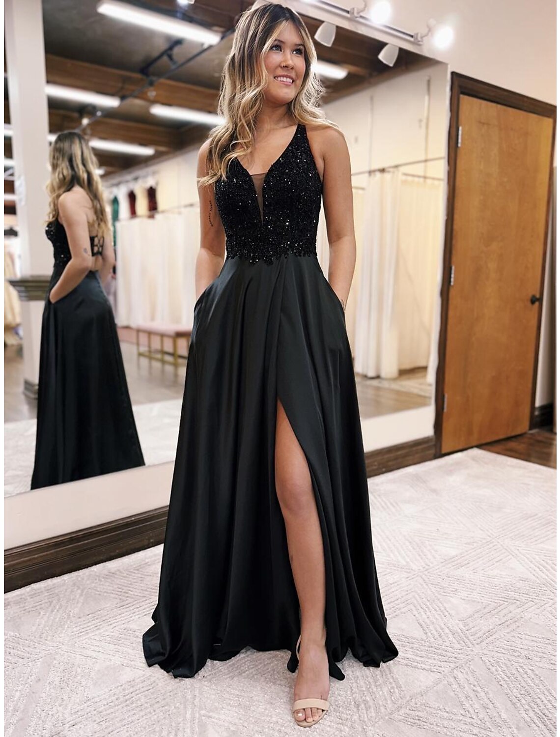 A-Line Evening Gown Empire Dress Formal Floor Length Sleeveless V Neck Pocket Satin Backless with Beading Appliques by YiHuiw