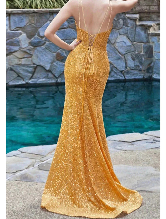 Mermaid / Trumpet Prom Dresses Sparkle & Shine Dress Formal Prom Sweep / Brush Train Sleeveless Sweetheart Sequined Backless with Sequin Slit by YiHuiw