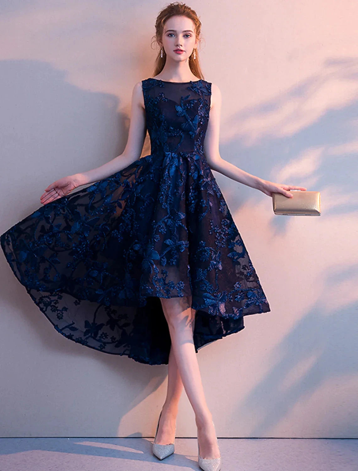 A-Line Cocktail Dresses Minimalist Dress Homecoming Party Wear Asymmetrical Sleeveless Jewel Neck Tulle with Pleats Pattern / Print by YiHuiw