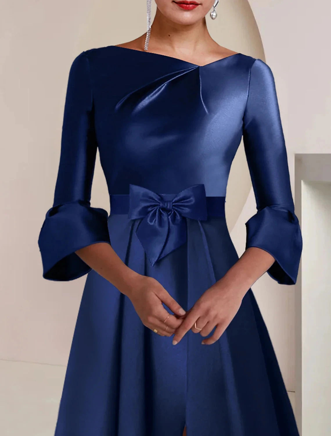 A-Line Mother of the Bride Dress Formal Wedding Guest Party Elegant Bateau Neck Tea Length Satin 3/4 Length Sleeve with Bow(s) Split Front by YiHuiw