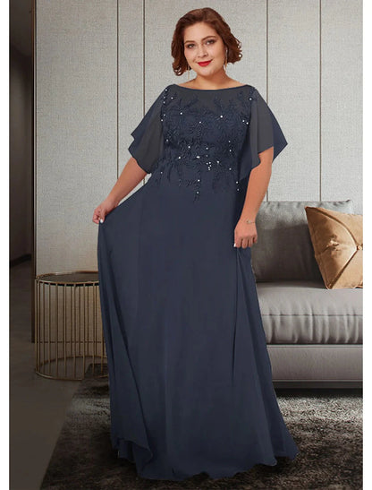 A-Line Mother of the Bride Dress Plus Size Elegant Jewel Neck Floor Length Chiffon Lace Half Sleeve with Appliques by YiHuiw