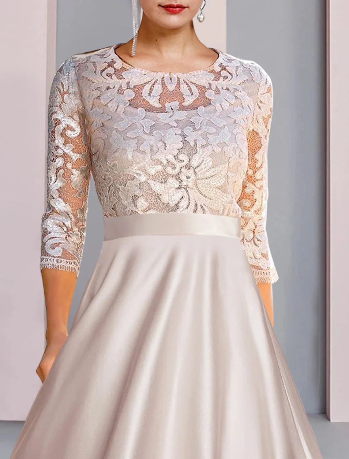 A-Line Mother of the Bride Dress Wedding Guest Party Elegant Scoop Neck Tea Length Satin Lace 3/4 Length Sleeve with Appliques by YiHuiw