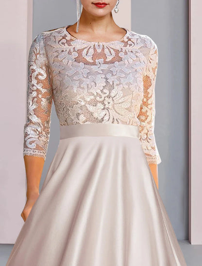 A-Line Mother of the Bride Dress Wedding Guest Party Elegant Scoop Neck Tea Length Satin Lace 3/4 Length Sleeve with Appliques by YiHuiw