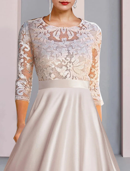 A-Line Mother of the Bride Dress Wedding Guest Party Elegant Scoop Neck Tea Length Satin Lace 3/4 Length Sleeve with Appliques by YiHuiw