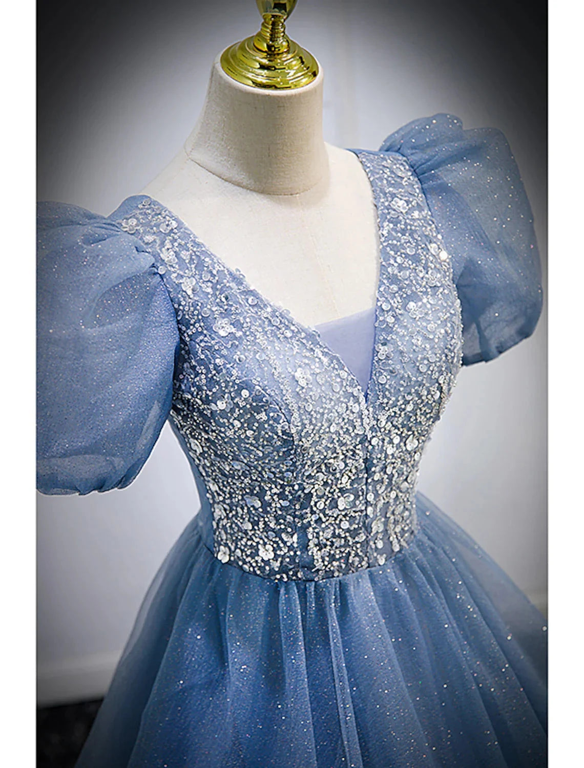 A-Line Prom Dresses Puffy Dress Quinceanera Floor Length Short Sleeve V Neck Tulle with Sequin by YiHuiw