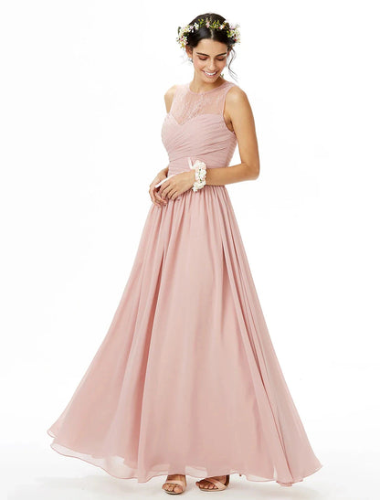 A-Line Bridesmaid Dress Jewel Neck Sleeveless See Through Floor Length Chiffon / Lace with Lace / Criss Cross / Pleats by YiHuiw