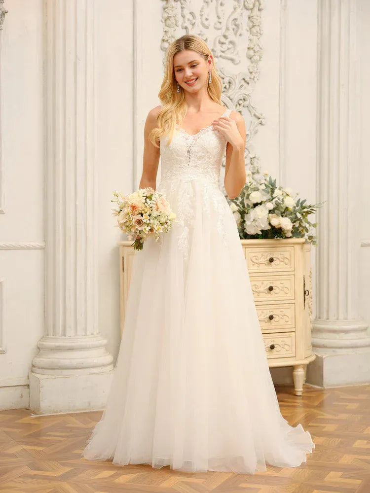 A-Line Spaghetti Strap Floor-Length Wedding Dress - Yihuiw by Yihuiw