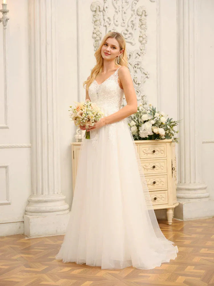 A-Line Spaghetti Strap Floor-Length Wedding Dress - Yihuiw by Yihuiw