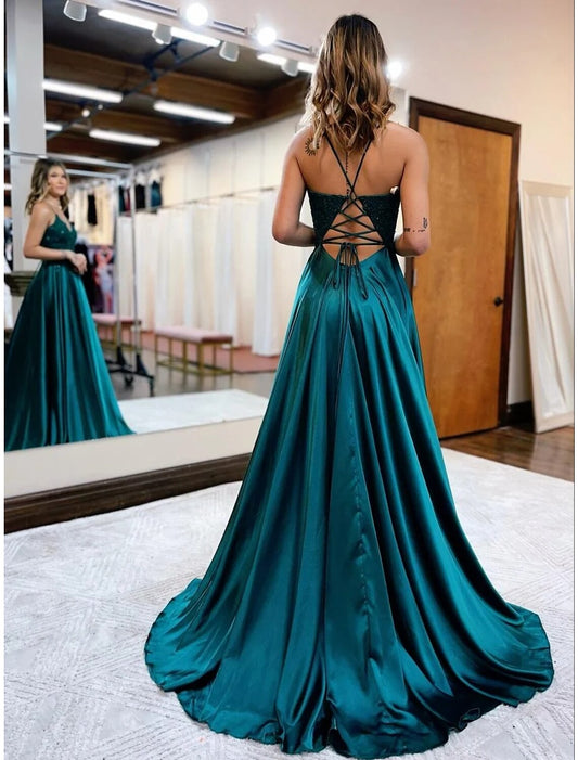 A-Line Prom Dresses Empire Dress Formal Court Train Sleeveless V Neck Satin Backless with Beading Appliques by YiHuiw