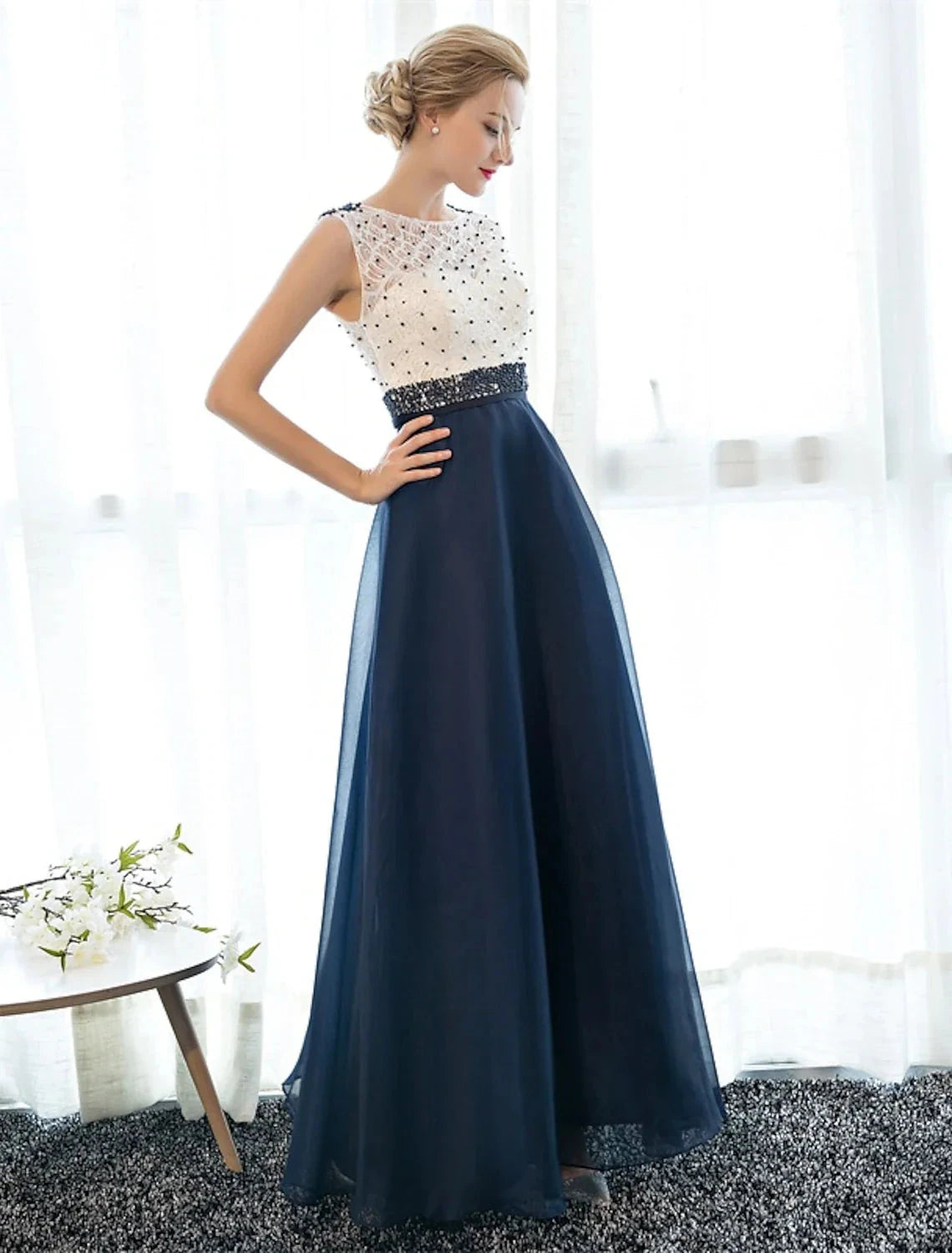 A-Line Beautiful Back Elegant Beaded & Sequin Prom Formal Evening Dress Illusion Neck Sleeveless Floor Length Tulle Over Lace with Beading by YiHuiw