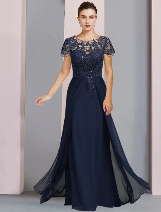 Sheath / Column Mother of the Bride Dress Formal Luxurious Elegant Scoop Neck Floor Length Chiffon Lace Short Sleeve with Sequin Appliques by YiHuiw