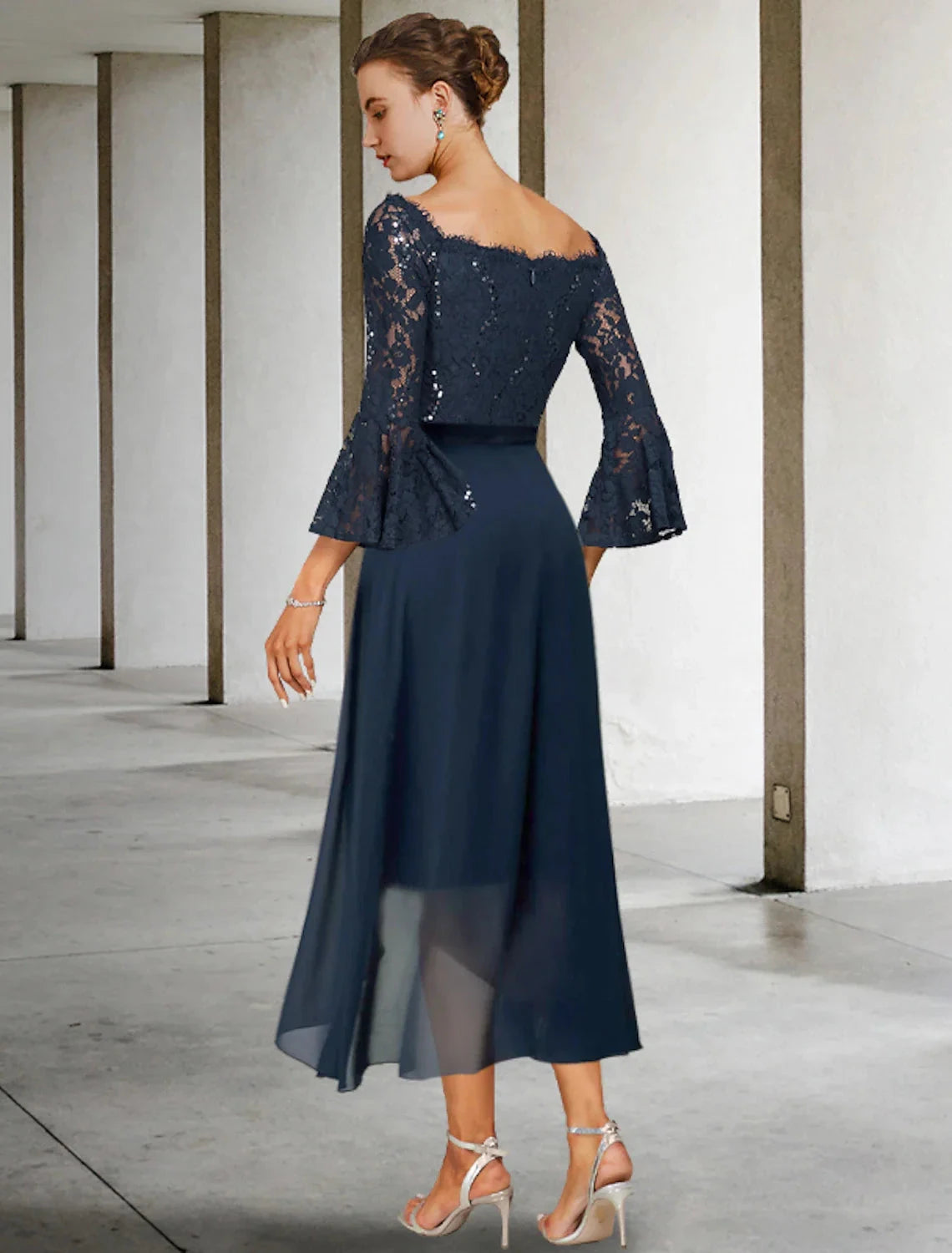 Two Piece Sheath / Column Mother of the Bride Dress Formal Wedding Guest Party Elegant Off Shoulder Knee Length Chiffon Lace Imitated Silk 3/4 Length Sleeve with Bow(s) by YiHuiw