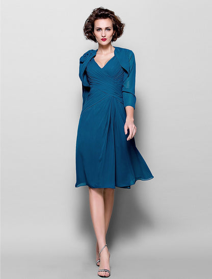 A-Line Mother of the Bride Dress Wrap Included V Neck Knee Length Chiffon 3/4 Length Sleeve with Criss Cross Side Draping Flower by YiHuiw