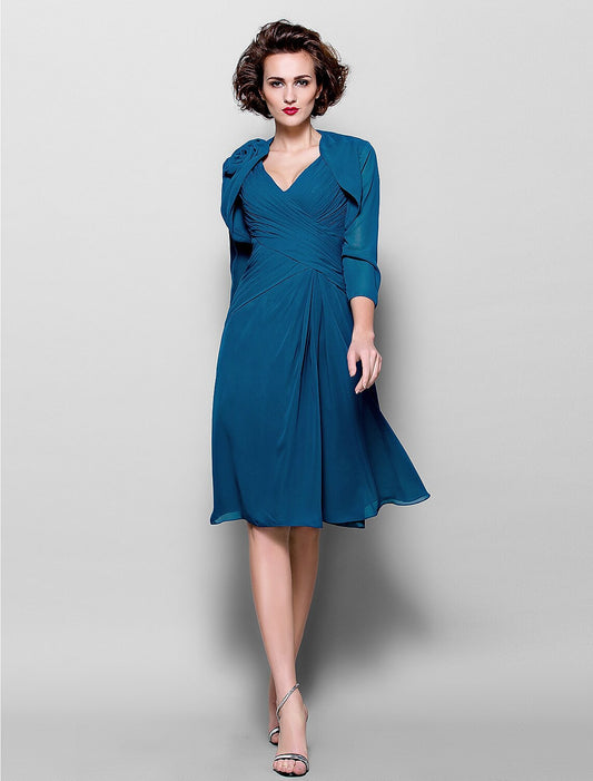 A-Line Mother of the Bride Dress Wrap Included V Neck Knee Length Chiffon 3/4 Length Sleeve with Criss Cross Side Draping Flower by YiHuiw