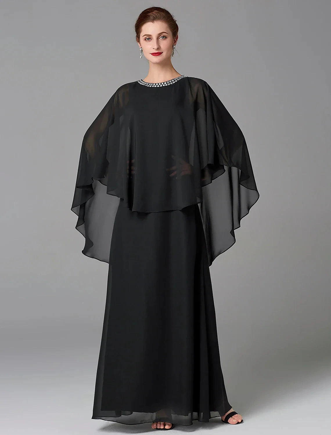 A-Line Mother of the Bride Dress Wedding Guest Plus Size Elegant Jewel Neck Floor Length Chiffon Sleeveless with Beading Fall by YiHuiw