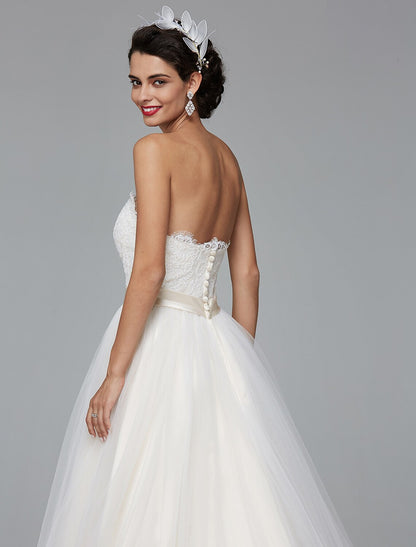 A-Line Wedding Dresses Sweetheart Neckline Court Train Lace Tulle Sleeveless Wedding Dress in Color with Sash / Ribbon Buttons by YiHuiw