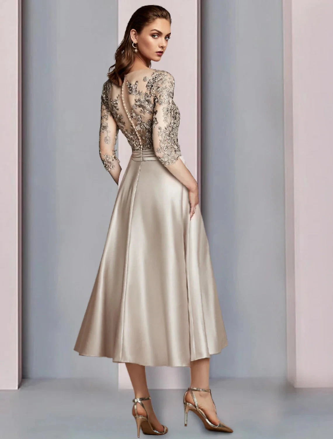A-Line Mother of the Bride Dress Wedding Guest Elegant V Neck Tea Length Satin Lace Half Sleeve with Pleats Appliques by YiHuiw