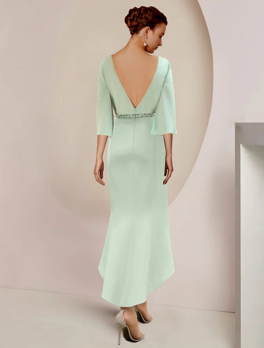 Mermaid / Trumpet Mother of the Bride Dress Wedding Guest Party Elegant Scoop Neck Tea Length  Chiffon 3/4 Length Sleeve with Beading