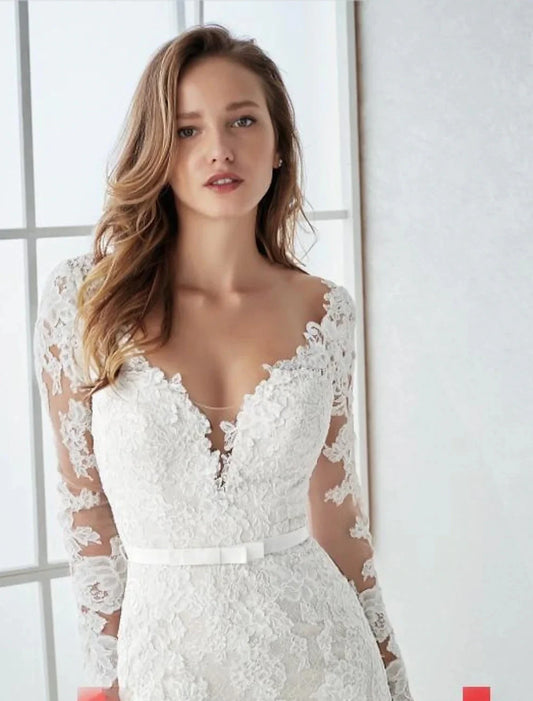Engagement Formal Fall Wedding Dresses Mermaid / Trumpet V Neck Long Sleeve Sweep / Brush Train Lace Open Back Bridal Gowns With Summer Wedding Party Women‘s Clothing by YiHuiw