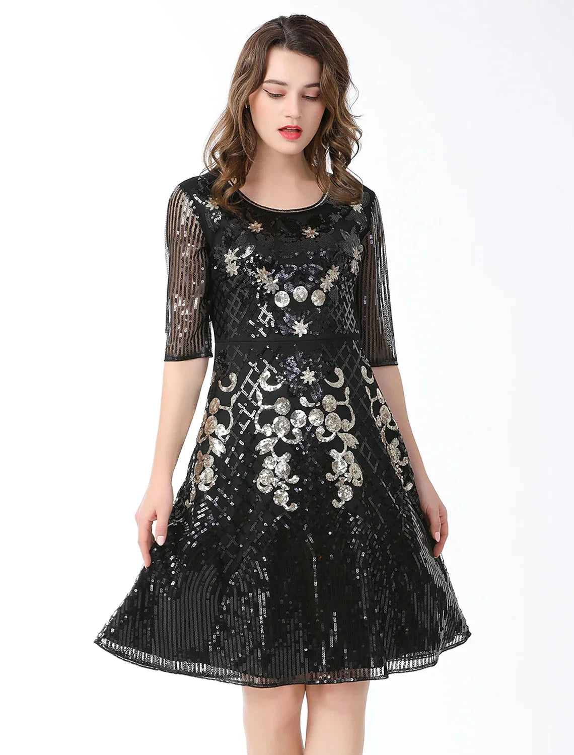 A-Line Cocktail Dresses Vintage Dress Holiday Party Wear Knee Length Half Sleeve Jewel Neck Cotton Blend with Sequin Splicing by YiHuiw