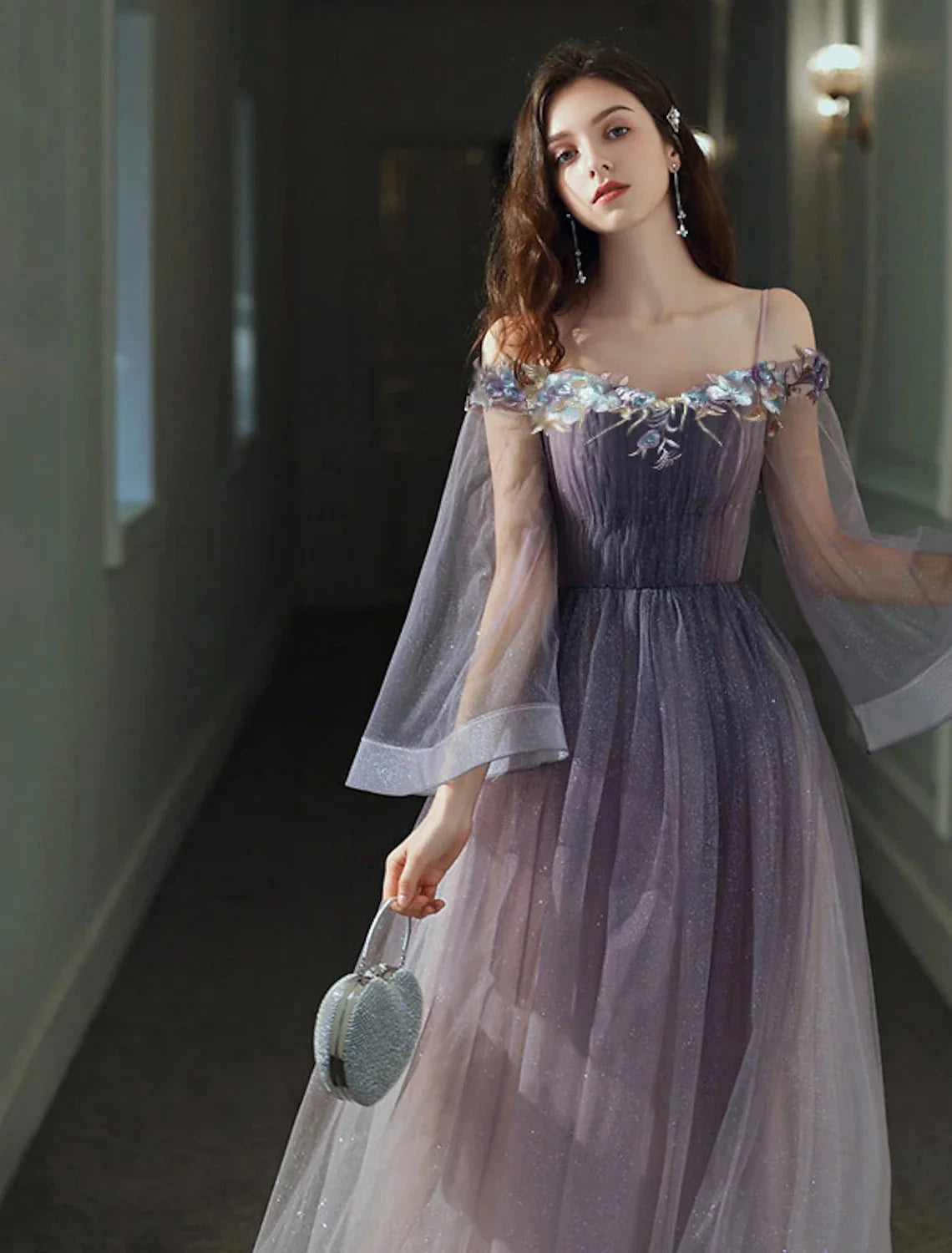 A-Line Minimalist Elegant Party Wear Prom Dress Off Shoulder Long Sleeve Floor Length Tulle with Appliques by YiHuiw