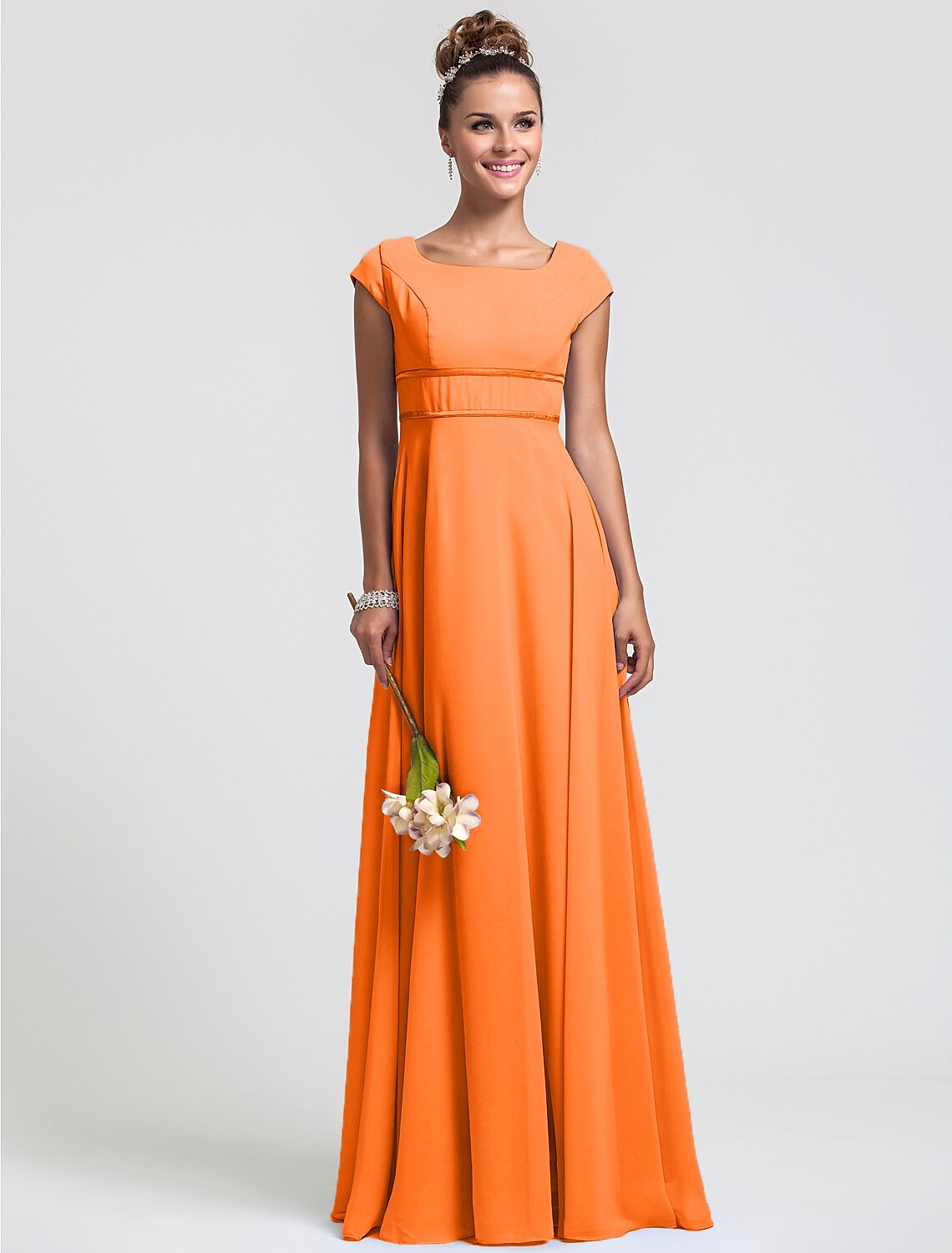 Sheath / Column Bridesmaid Dress Square Neck Short Sleeve Elegant Floor Length Chiffon with Sash / Ribbon / Pleats by YiHuiw