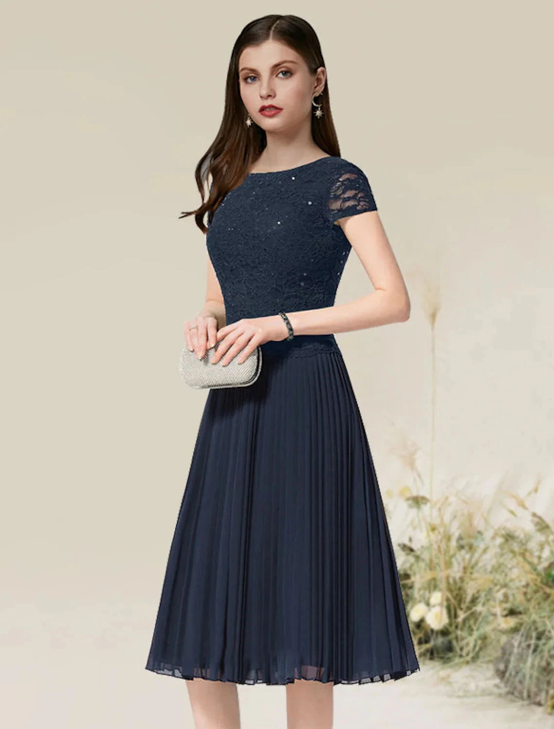 A-Line Cocktail Dresses Flirty Dress Homecoming Wedding Guest Tea Length Short Sleeve Jewel Neck Chiffon with Pleats by YiHuiw