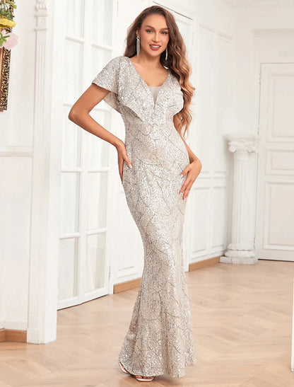Mermaid / Trumpet Evening Gown Elegant Dress Evening Party Prom Floor Length Short Sleeve V Neck Fall Wedding Reception Sequined V Back with Sequin by YiHuiw