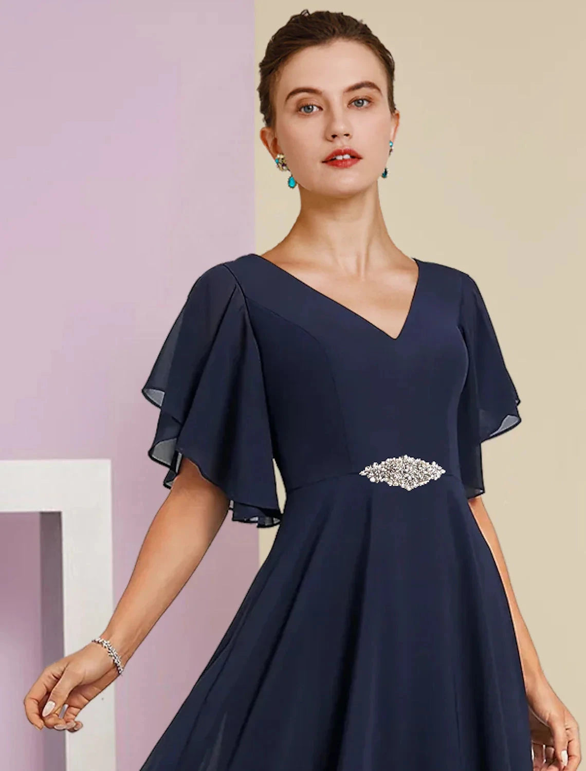 A-Line Mother of the Bride Dress Formal Fall Wedding Guest Elegant V Neck Tea Length Chiffon Lace Short Sleeve with Appliques Crystal Brooch by YiHuiw
