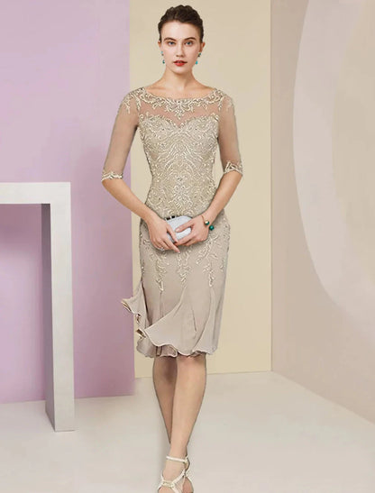 Two Piece Mermaid / Trumpet Mother of the Bride Dress Formal Wedding Guest Vintage Elegant Scoop Neck Knee Length Chiffon Lace Half Sleeve Jacket Dresses with Pleats Appliques by YiHuiw