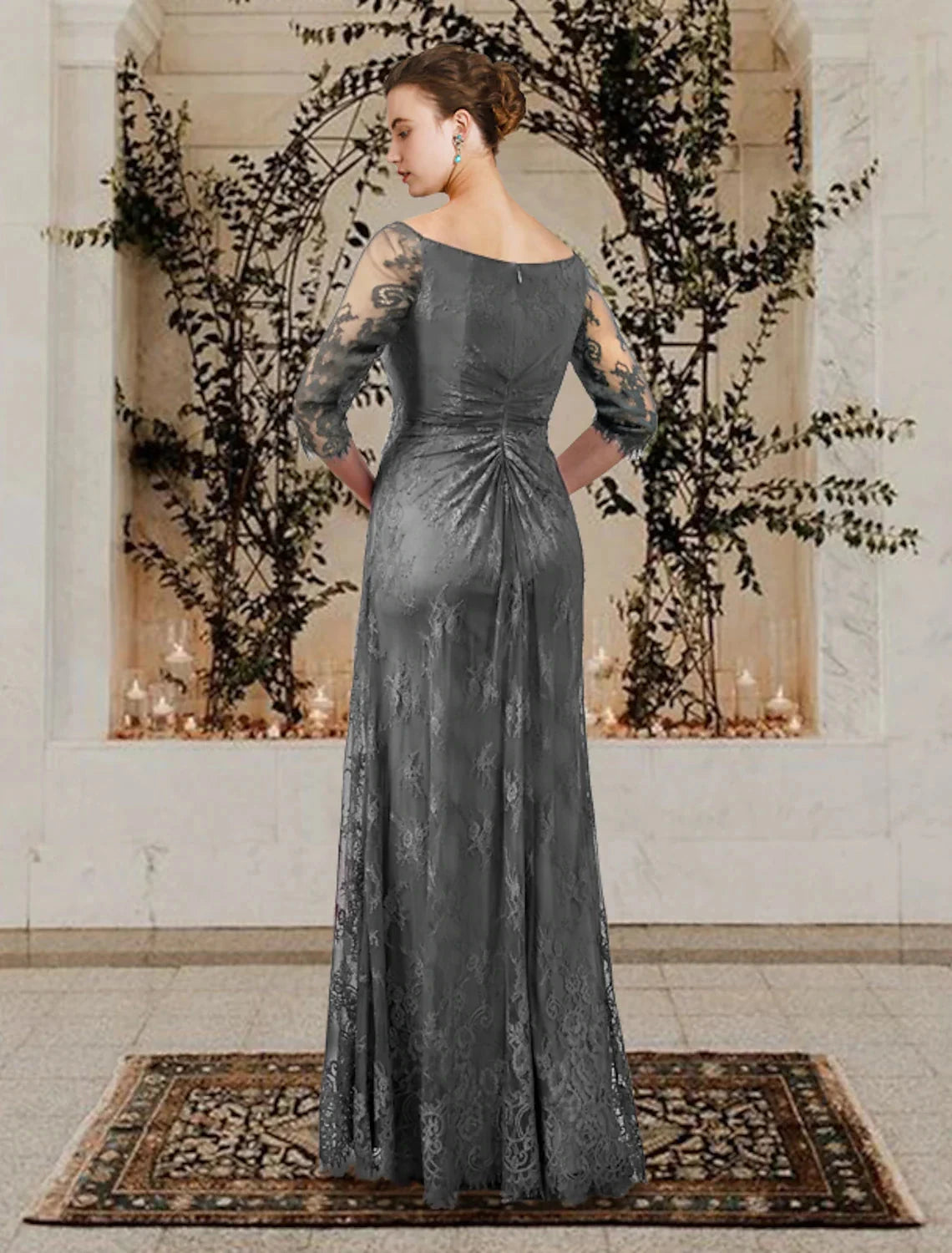 A-Line Mother of the Bride Dress Wedding Guest Plus Size Elegant Jewel Neck Floor Length Lace Short Sleeve with Ruffles Crystal Brooch Side-Draped Fall by YiHuiw