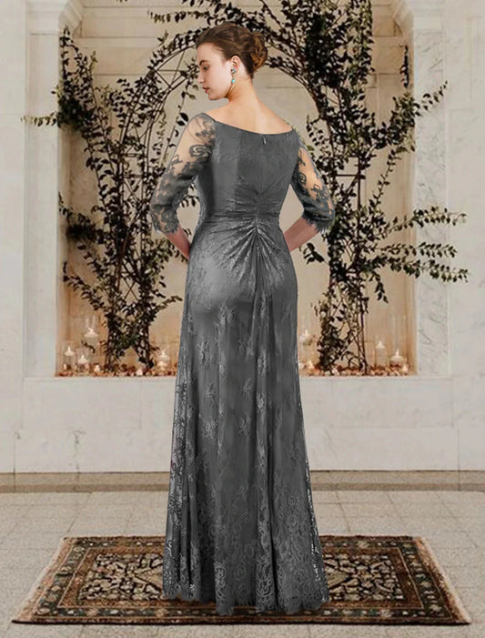 A-Line Mother of the Bride Dress Wedding Guest Plus Size Elegant Jewel Neck Floor Length Lace Short Sleeve with Ruffles Crystal Brooch Side-Draped Fall by YiHuiw