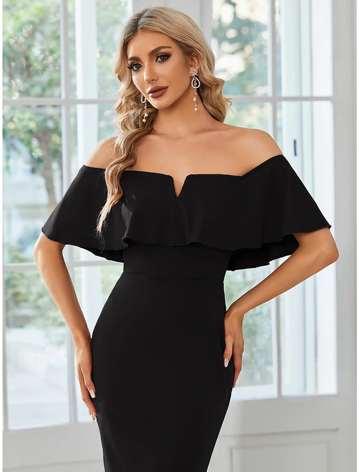 Sheath / Column Wedding Guest Dresses Minimalist Dress Party Wear Tea Length Short Sleeve Off Shoulder  Fabric with Slit Pure Color