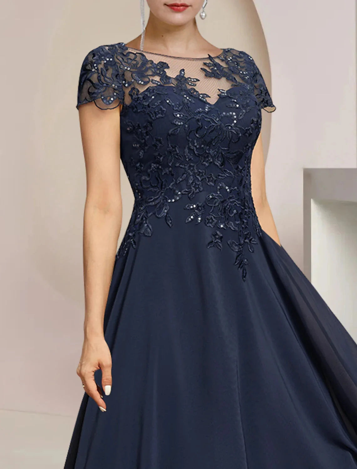 A-Line Mother of the Bride Dress Formal Wedding Guest Elegant High Low Scoop Neck Asymmetrical Tea Length Chiffon Lace Short Sleeve with Sequin Appliques by YiHuiw