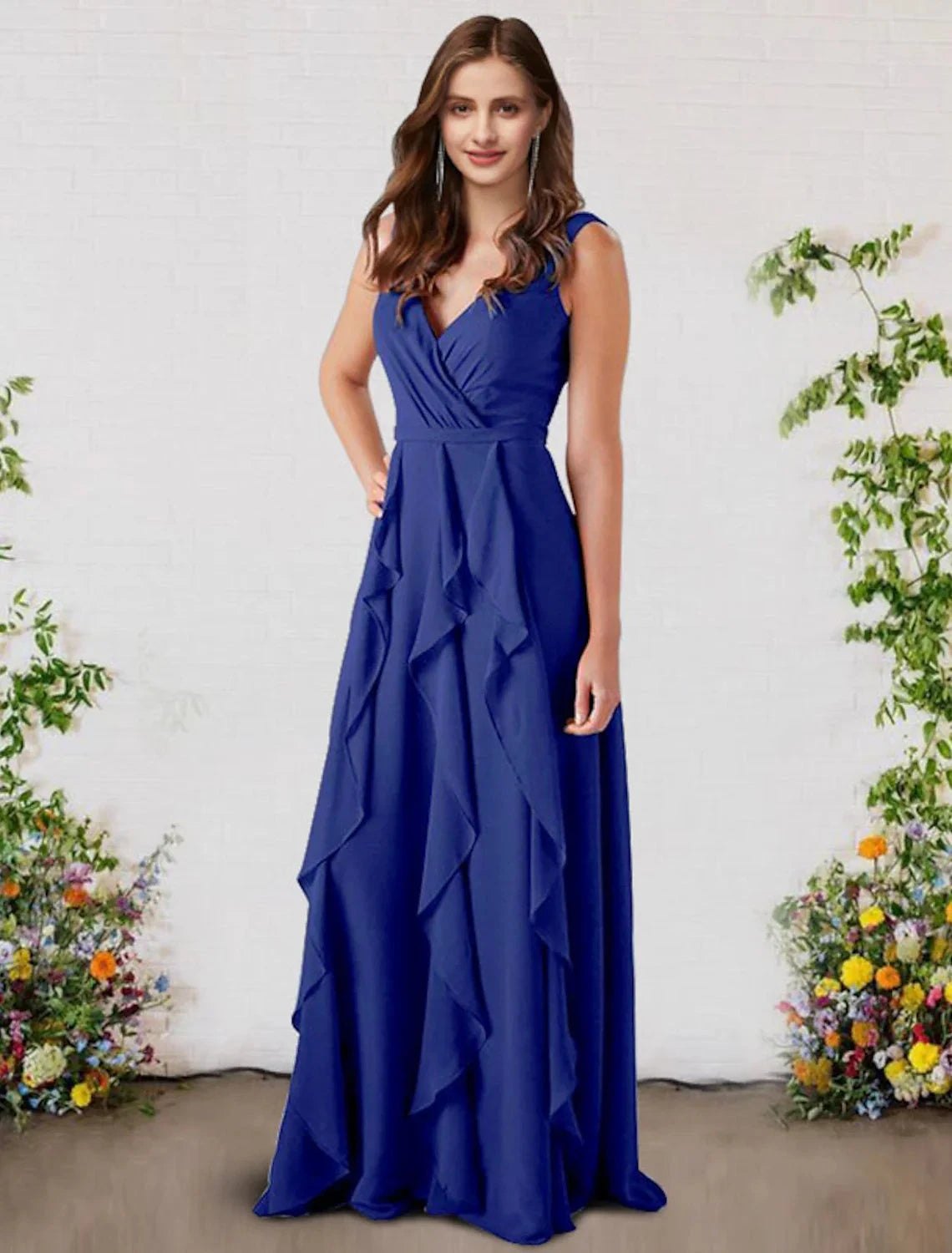 A-Line Bridesmaid Dress V Neck Sleeveless Elegant Floor Length Chiffon with Ruffles by YiHuiw