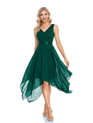 A-Line Cocktail Dresses Party Dress Homecoming Wedding Guest Asymmetrical Sleeveless V Neck Chiffon V Back with Pure Color Splicing