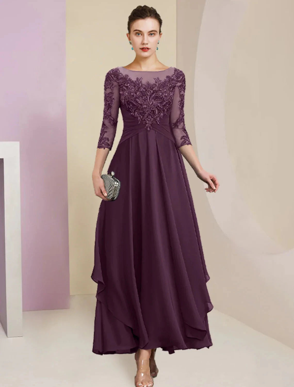Sheath / Column Mother of the Bride Dress Wedding Guest Simple Elegant Jewel Neck Ankle Length Chiffon Lace 3/4 Length Sleeve with Pleats Sequin by YiHuiw