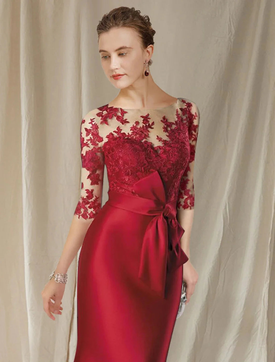 Mermaid / Trumpet Mother of the Bride Dress Plus Size Elegant Jewel Neck Floor Length Satin Lace Half Sleeve with Bow(s) Appliques by YiHuiw