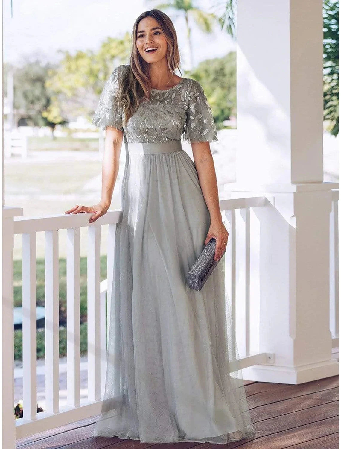 A-Line Empire Elegant Party Wear Prom Dress Jewel Neck Short Sleeve Floor Length Tulle with Embroidery by YiHuiw