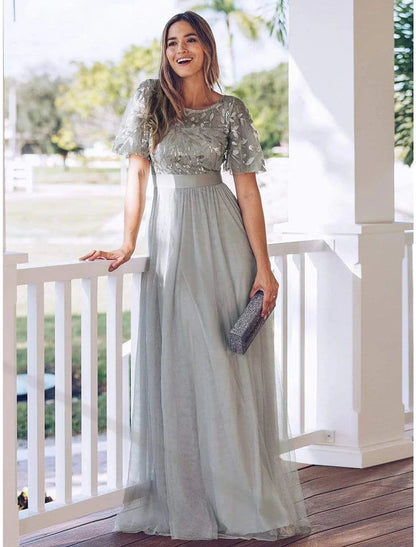 A-Line Empire Elegant Party Wear Prom Dress Jewel Neck Short Sleeve Floor Length Tulle with Embroidery by YiHuiw