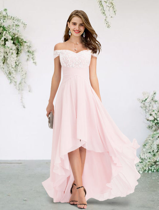 A-Line Bridesmaid Dress Off Shoulder Short Sleeve Elegant Sweep / Brush Train / Asymmetrical Chiffon / Lace with Appliques by YiHuiw