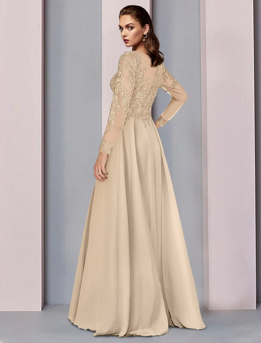 A-Line Mother of the Bride Dress Wedding Guest Party Elegant Scoop Neck Floor Length Chiffon Half Sleeve with Lace Ruching by YiHuiw