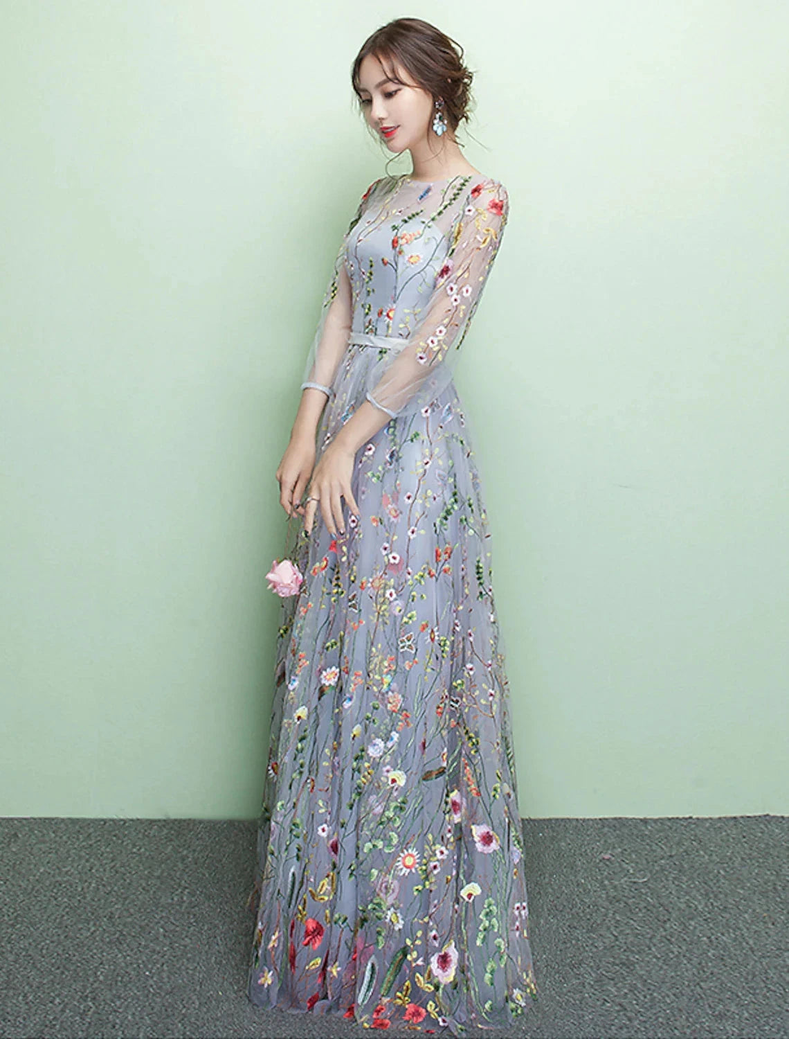 A-Line Elegant Sparkle & Shine Formal Evening Dress Jewel Neck 3/4 Length Sleeve Floor Length Lace with Embroidery by YiHuiw