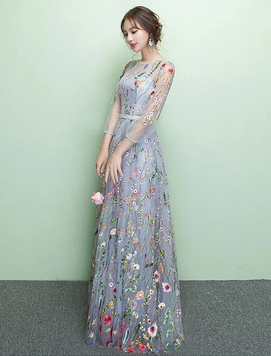 A-Line Elegant Sparkle & Shine Formal Evening Dress Jewel Neck 3/4 Length Sleeve Floor Length Lace with Embroidery by YiHuiw
