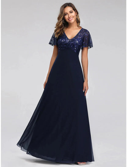 A-Line Wedding Guest Dresses Elegant Dress Fall Floor Length Short Sleeve V Neck Bridesmaid Dress Tulle with Sequin Appliques by YiHuiw